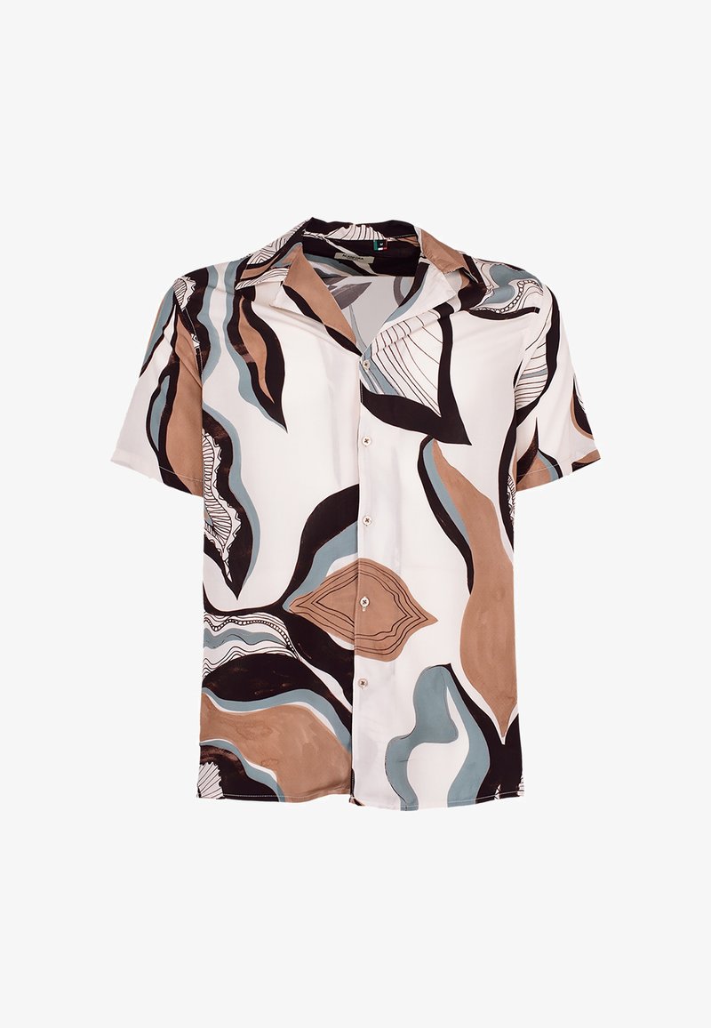 Korte mouwen overhemd met knopen, voorzien van abstracte bruine, zwarte, blauwe en witte, draaiende bladachtige patronen op een witte achtergrond.