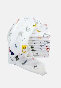 Enveloppe en mousseline de coton avec des motifs colorés d'animaux et de nature sur fond blanc. Tissu doux, léger et respirant.