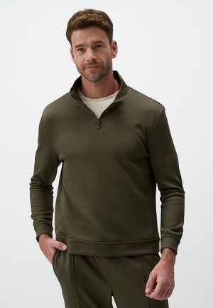 Olivgrüner Sweatshirt mit einem halben Reißverschluss-Kragen, aus glattem Stoff gefertigt, mit langen Ärmeln und lockerer Passform. Auffällige Nähdetails.