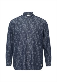Knoop-overhemd gemaakt van donkerblauwe stof met een lichtblauwe abstracte camouflageprint; heeft een kraag en lange mouwen met knoopmanchetten.