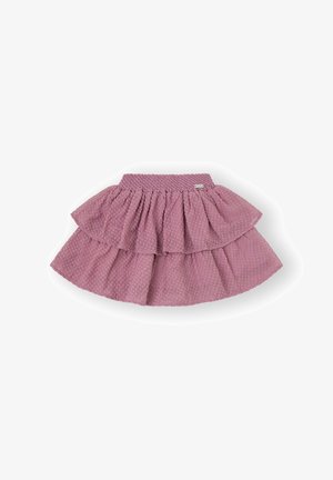 Falda con volantes en rosa claro con un patrón texturizado. Cuenta con una cintura fruncida y un diseño en capas para mayor volumen.