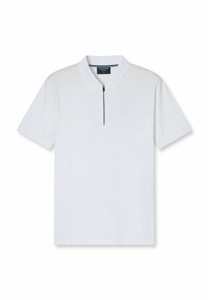 Weißes Poloshirt mit kurzen Ärmeln, einem Umlegekragen und einem schwarzen Reißverschluss vorne. Hergestellt aus einem glatten, leichten Stoff.