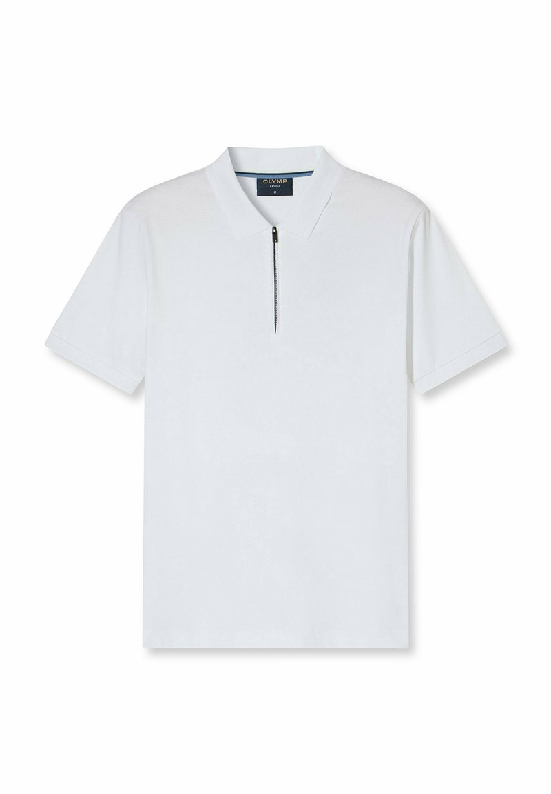 Polo shirt bianco a maniche corte con colletto a risvolto e zip nera sul davanti. Realizzato in un tessuto leggero e liscio.