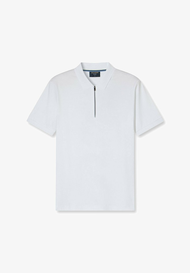 Witte polo met korte mouwen, een omgeslagen kraag en een zwarte ritssluiting aan de voorkant. Gemaakt van een gladde, lichte stof.