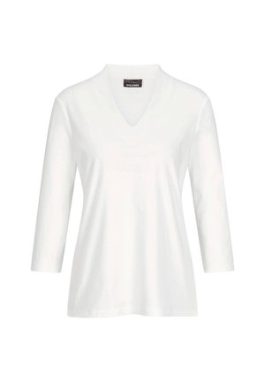 Witte V-hals top met driekwart mouwen, gemaakt van een zachte, gladde stof. Heeft een reguliere pasvorm en een eenvoudig, strak ontwerp. Merklabel zichtbaar.