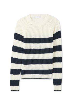 Maglione a righe crema e navy realizzato in maglia spessa, con collo a giro e polsini e fondo a costine. Messo in risalto da un motivo testurizzato.
