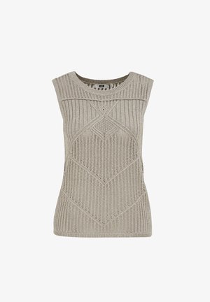 Bezrukávový béžový pletený sveter s textúrovanými diamantovými a pruhovanými vzormi, okrúhly výstrih a rebrované lemy.
