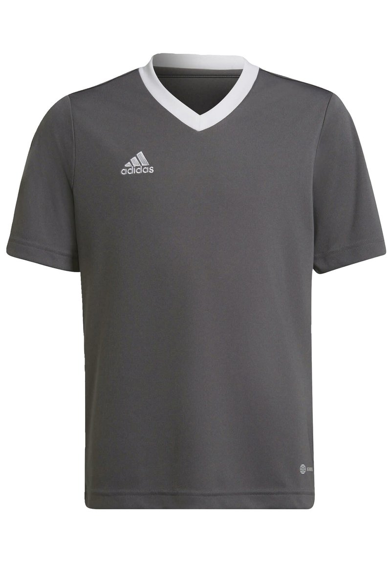 Szary koszulka piłkarska z krótkim rękawem i białym dekoltem w kształcie litery V, z haftowanym białym logo na piersi i gładką fakturą tkaniny.