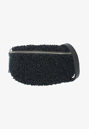 Black bag made of textured fabric with a fuzzy surface, featuring a silver zipper and a black leather handle. Compact oval shape.