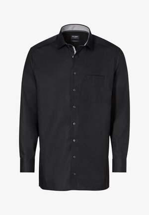Camicia nera a maniche lunghe realizzata in cotone liscio. Presenta un colletto con bottoni, taschino frontale e un colletto interno a fantasia in contrasto.