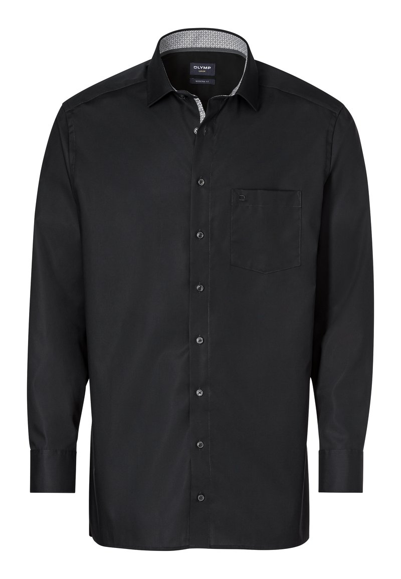 Camicia nera a maniche lunghe realizzata in cotone liscio. Presenta un colletto con bottoni, taschino frontale e un colletto interno a fantasia in contrasto.