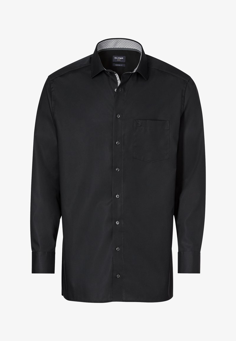 Schwarz langärmliges Hemd aus glattem Baumwollstoff. Es hat einen button-down Kragen, eine Brusttasche und einen kontrastierenden gemusterten Innenkragen.