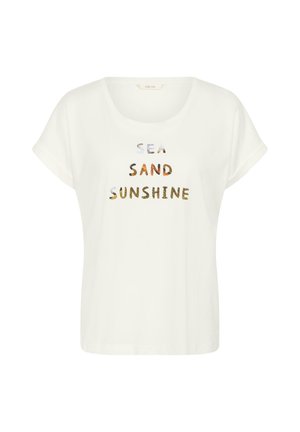 White short-sleeve T-shirt with round neck and text "SEA SAND SUNSHINE" in multicolored letters on front center.