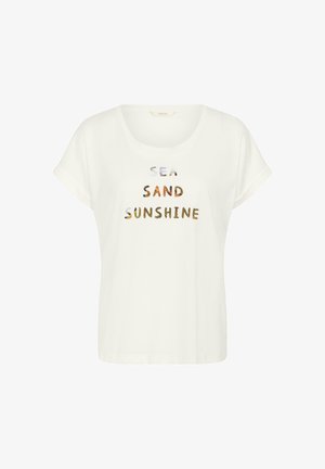 White short-sleeve T-shirt with round neck and text "SEA SAND SUNSHINE" in multicolored letters on front center.