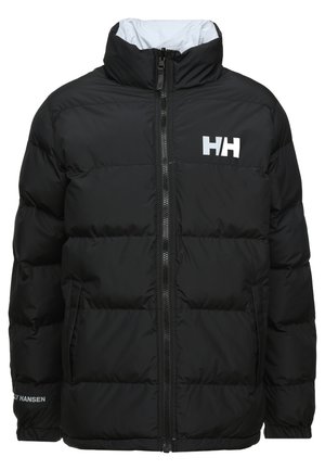 Black puffer jacket with a zip front, high collar, and contrasting white lining. Features horizontal quilted sections and logo accents.