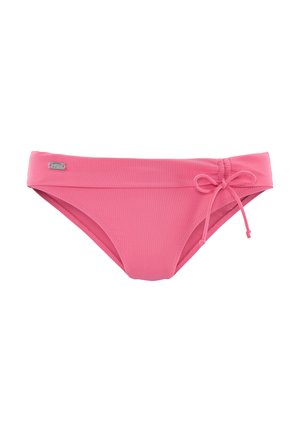 Rosa Bikinihose aus dehnbarem Material, mit einem Bindungsdetail, glatter Textur und einem breiten Bund mit dezenten Rippungen.