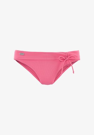 Pink bikini bottom made of stretchy fabric, featuring a tie detail, smooth texture, and a wide waistband with subtle ribbing.
