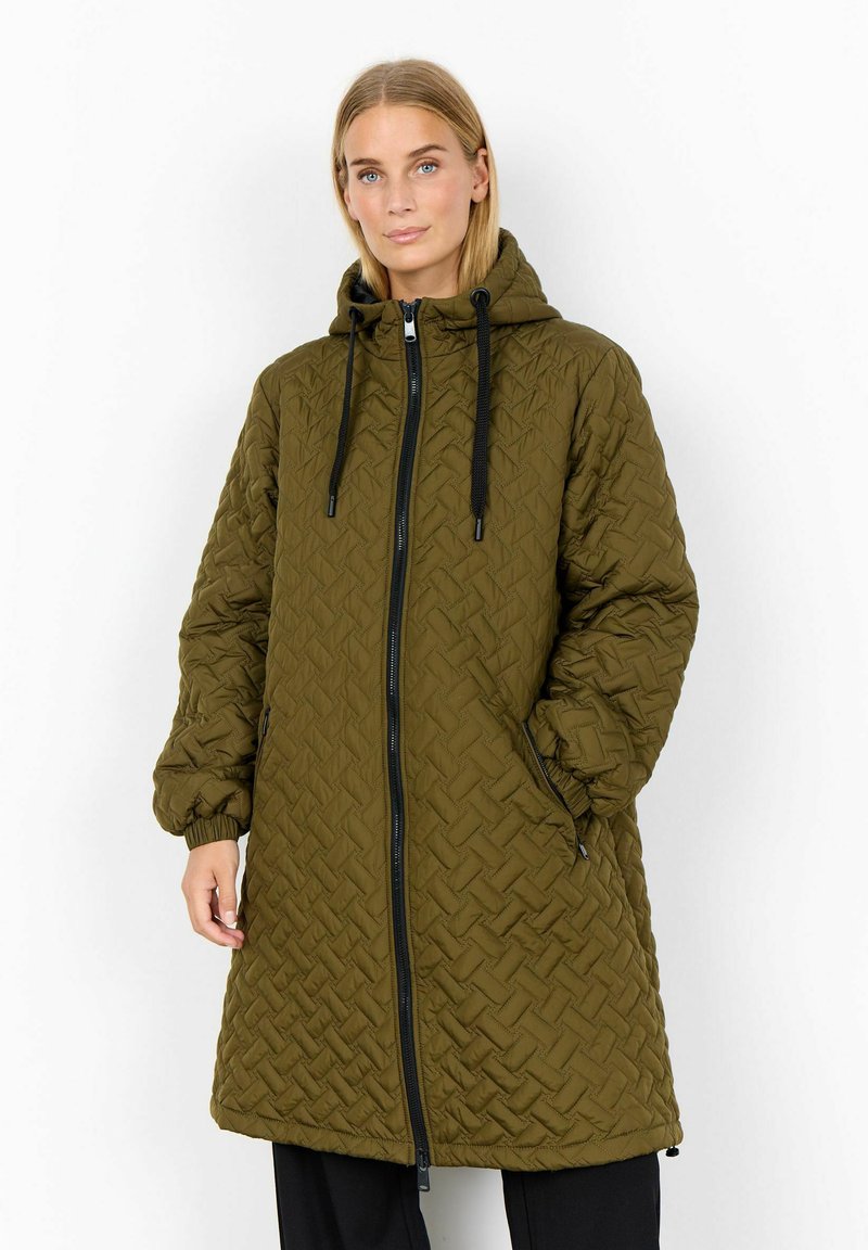 Olive green, quilted puffer coat with a hood, zipper closure, two side pockets, and drawstring accents for adjustable fit.