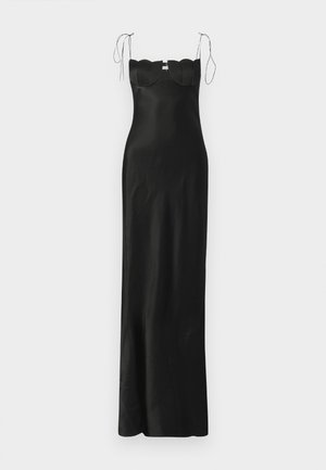 Black satin maxi dress with a form-fitting silhouette, scalloped detailing at the neckline, and adjustable shoulder ties. Smooth texture.