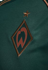 Groene stof met geborduurd bruin diamantvormig logo met een gestileerde "W" en daarboven een bruine ster.