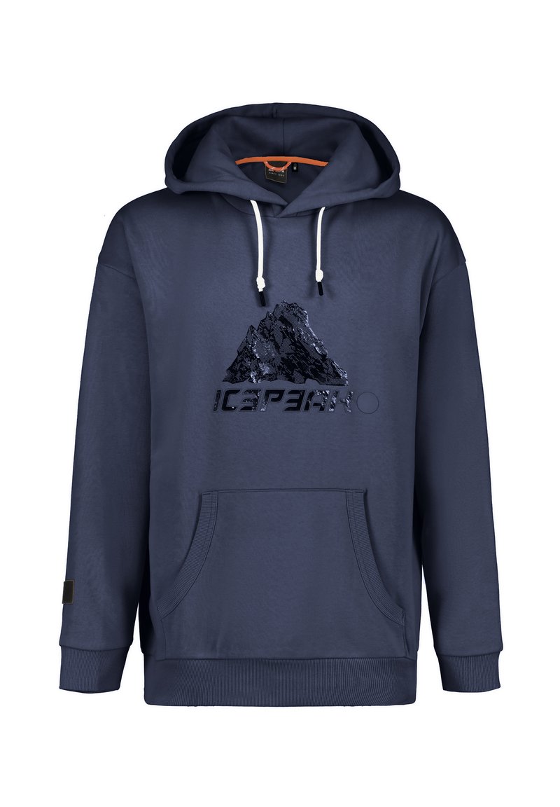 Hoodie in Marineblau aus weichem Stoff, mit einem Bergmotiv, "ICEPEAK"-Logo, Zugbändern und einer vorderen Kängurutasche.