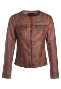 Brun läderjacka med rund hals, framzipper, två bröstfickor med tryckknappar och en något figursydd silhuett.