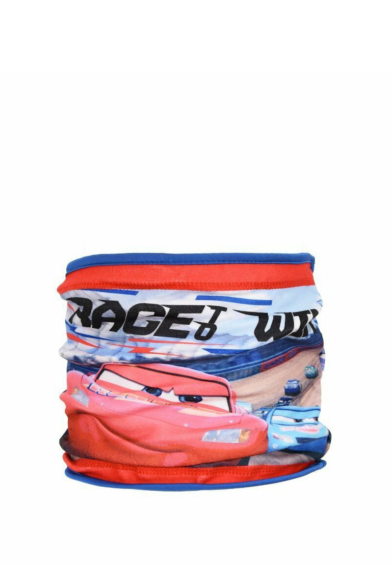 Multifunctionele nekgaiter met een kleurrafische afbeelding van een raceauto op een blauwe achtergrond met rode details en een rekbare stofstructuur.
