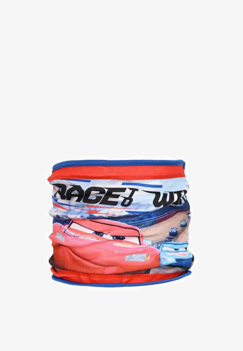 Multifunctionele nekgaiter met een kleurrafische afbeelding van een raceauto op een blauwe achtergrond met rode details en een rekbare stofstructuur.