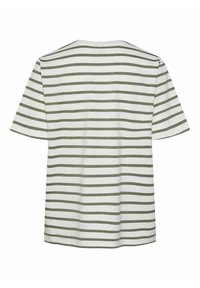 Camiseta de manga corta a rayas con rayas horizontales verdes y blancas, material de algodón, diseño de cuello redondo y corte relajado.