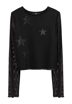Haut noir à manches longues en mesh avec des motifs d'étoiles semi-transparents sur le devant et des poignets légèrement froncés aux manches.