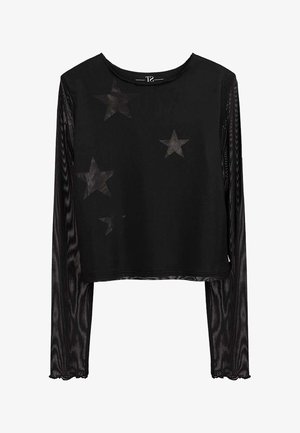Haut noir à manches longues en mesh avec des motifs d'étoiles semi-transparents sur le devant et des poignets légèrement froncés aux manches.