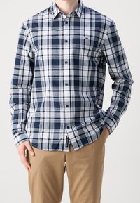 Mężczyzna ubrany w granatowo-biało-szarą koszulę w kratę na guziki oraz beżowe spodnie, jedna ręka w kieszeni, druga spoczywa przy udzie.