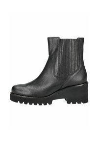 Black leather ankle boots with elastic side panels, a rounded toe, and a chunky, ridged sole. Textured detailing on the upper.