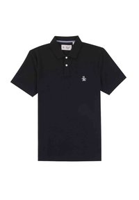 Navy blue polo shirt made of cotton, featuring a three-button placket, short sleeves, and a small embroidered logo on the left chest.