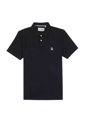 Donkerblauwe polo shirt van katoen, met een drieknoopssluiting, korte mouwen en een klein geborduurd logo op de linkerborst.