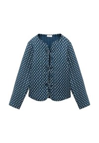 Modra dolga jakna s podlogo z belim cvetličnim vzorcem in tremi sprednjimi zapiralnimi gumbi, ki ima okroglo ovratnico.