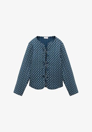 Blue long-sleeve quilted jacket with white floral print and three front toggle closures, featuring a rounded neckline.