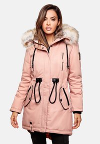 Pink parka with faux fur hood, black accents, drawstrings at waist, four pockets, and zip closure. Smooth texture, mid-length design.