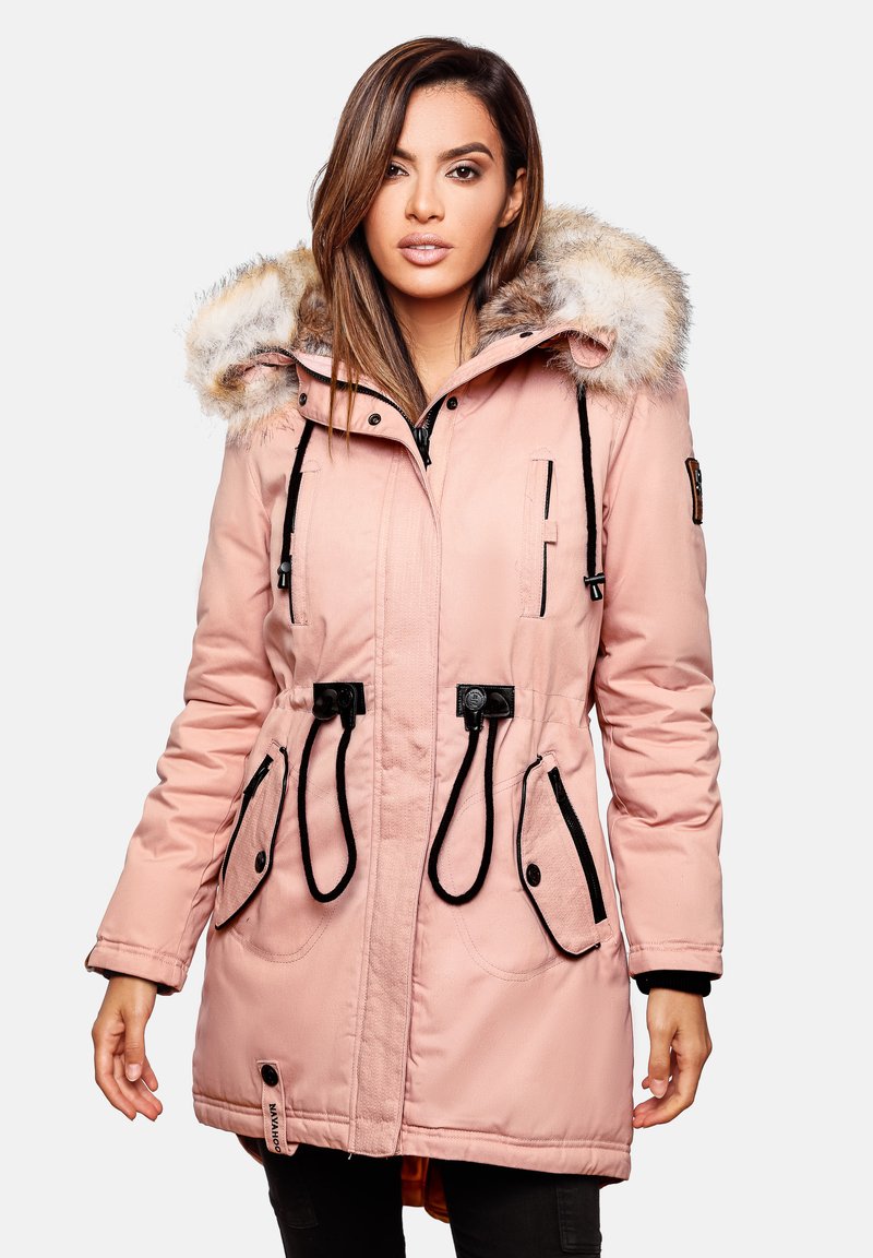 Pink parka with faux fur hood, black accents, drawstrings at waist, four pockets, and zip closure. Smooth texture, mid-length design.