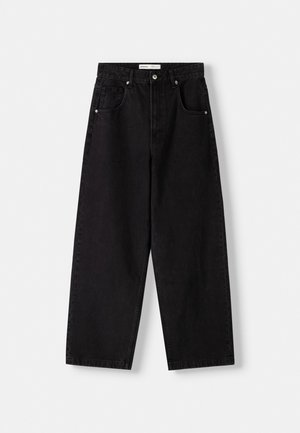 Black wide-leg denim jeans with a high waist, front pockets, and silver-toned hardware. Features a matte texture and a clean finish.