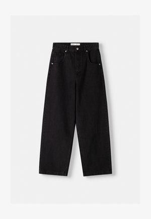 Czarne dżinsy typu wide-leg z wysokim stanem, przednimi kieszeniami i srebrnymi detalami. Charakteryzują się matową teksturą i czystym wykończeniem.