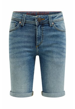 Blå denim shorts med op rullet kant, forlommer, bæltestropper, knaplukning og falmet vaskedetalje.