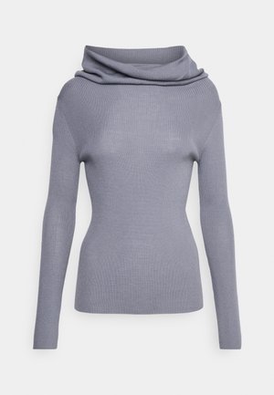 Langærmet, tætsiddende lysegrå ribbet sweater med en bred, foldet skørtkrave.