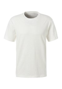 T-shirt bianco a maniche corte realizzato in un morbido tessuto leggero. Presenta un collo rotondo e una texture semplice e liscia senza motivi.