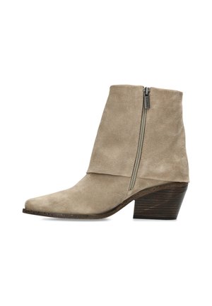 Beige suède enkellaars met een zijrits en een gestapelde houten blokhak, met een licht spits toelopende neus.