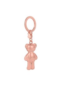 Llavero de oro rosa con una figura de oso brillante, con orejas redondas y una cara sonriente. Sujeto por una pequeña cadena y un charm de estrella.