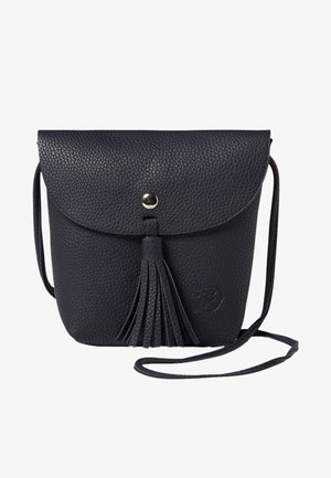 Granatowa, teksturowana skórzana torba na ramię z klapką, srebrnymi akcentami i frędzlami z przodu.