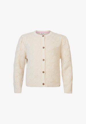 Kremowy sweter z dzianiny o falistym wzorze, okrągłym dekolcie i pięciu brązowych guzikach z przodu. Teksturowane rękawy i dół.