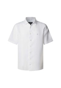 White short-sleeve shirt made of lightweight fabric, featuring a button-down front and subtle logo embroidered in light blue on the chest.