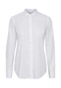 Biała koszula z długim rękawem, zapinana na guziki, wykonana z gładkiej bawełny, z klasycznym kołnierzykiem i prostym dołem. Bez wzorów ani ozdób.